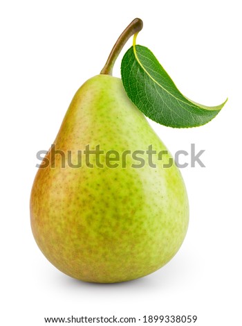 Pear isolated. One green pear fruit with leaf on white background. Green pear. With clipping path. Full depth of field. 
 Royalty-Free Stock Photo #1899338059