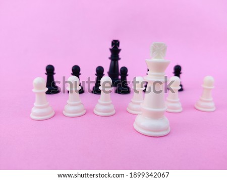 Black chess pieces like king,pawn and white chess pieces like king and pawn .Isolated on pink background.