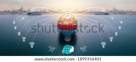 webinar banner, Aerial of cargo ship carrying container for export and import cargo from cargo container depot port concept smart technology freight shipping ship line connect WIFI icon  forwarder