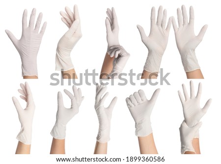Collage with photos of woman wearing medical gloves on white background, closeup Royalty-Free Stock Photo #1899360586