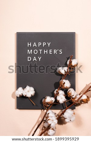 Grey plastic letter board with white quotes Happy Mother's Day, and cotton branch on a beige background.