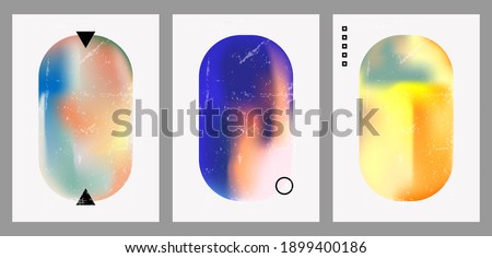 A set of three colorful aesthetic backgrounds. Minimalistic posters for social media, web design. Vintage geometric illustrations with different shapes, gradients, tints, fluids. Royalty-Free Stock Photo #1899400186
