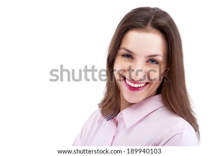 Smiling business woman with folded hands against white background. Toothy smile, crossed arms.