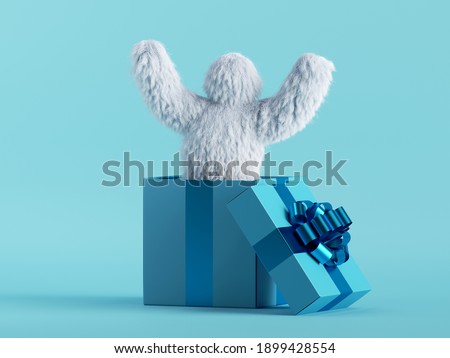 3d render, white hairy yeti jumps out the big gift box, bigfoot cartoon character makes surprise. Festive clip art isolated on mint blue background