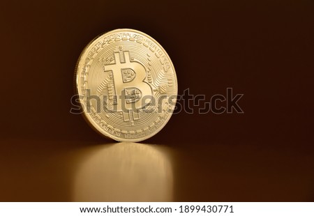 One bitcoin golden coin stock images. Cryptocurrency isolated on a dark background with copy space for text. Digital gold images. Beautiful gold bitcoin coin photo images
