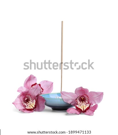 Aromatic incense stick and orchid flowers on white background Royalty-Free Stock Photo #1899471133