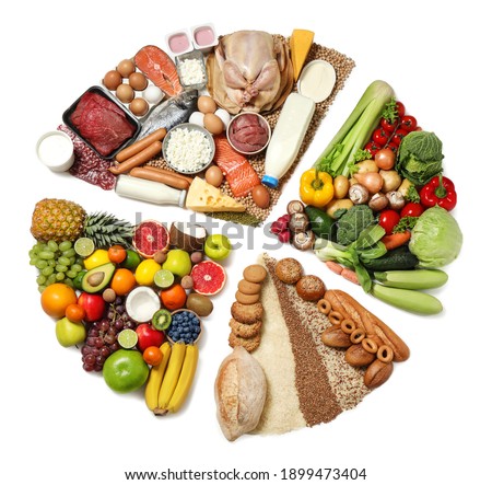 Food pie chart on white background, top view. Healthy balanced diet Royalty-Free Stock Photo #1899473404