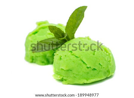 Scoop of pistachio ice cream from top on white background with clipping path