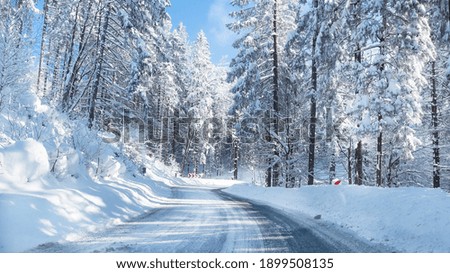 Snowy winter road in a mountain forest. Beautiful winter landscape. Royalty-Free Stock Photo #1899508135