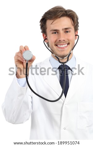 Portrait of a doctor man auscultating with stethoscope isolated on a white background