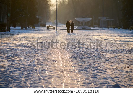 Shiny path in the snow in the park with a walking couple on a winter evening