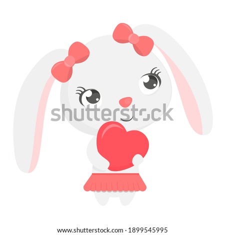 Cute little cartoon bunny girl hugs a heart valentine's day