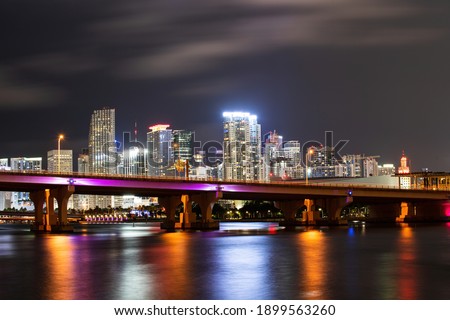 Miami night downtown. Skyline of miami biscayne bay reflections, high resolution