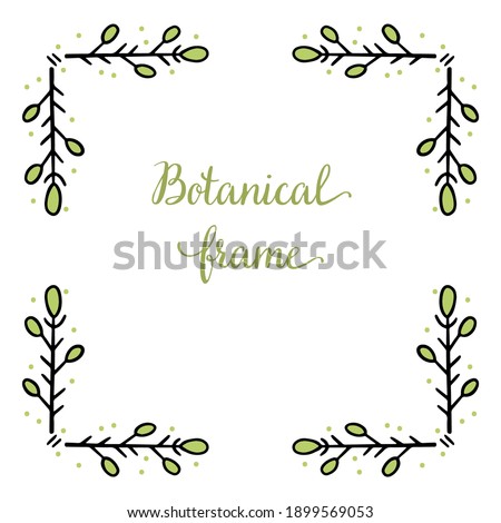 Square frame for text decoration in doodle style. Natural style, branches, plants, flowers. Black outline on a white background.