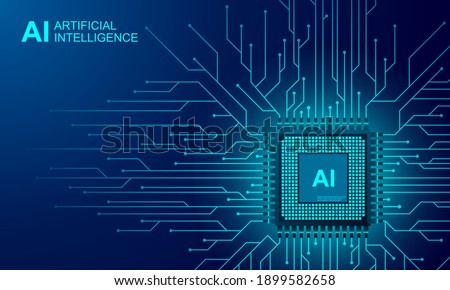 Artificial intelligence web banner. 3D isometric illustration of a processor chip. The process of data processing. Developments in modern technologies. Microcircuits on neon glowing background Royalty-Free Stock Photo #1899582658