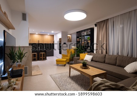 Modern living-room connected with kitchen in a modern house