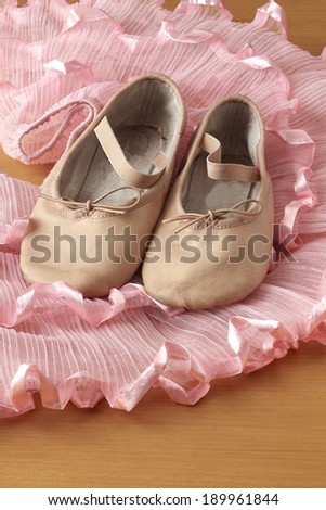 pair of ballet shoes with a pink dress 
