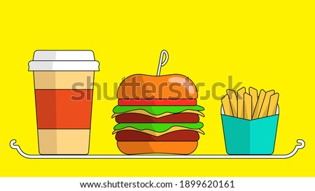 Hamburger, drink and potato set. Fast food sample illustration.
