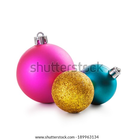 Pink, gold and blue christmas balls on white background clipping path included