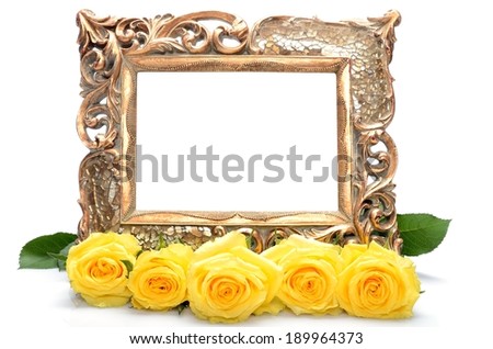 Old a gilded frame for for the congratulatory inscription and yellow roses