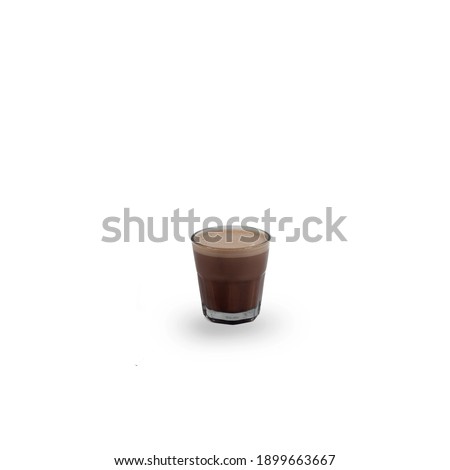 An isolated hot classic hot chocolate serving on latte glass 230ml.