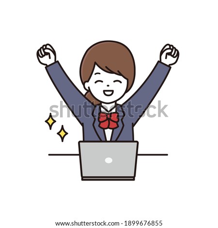 Illustration of a high school girl doing a guts pose in front of a computer