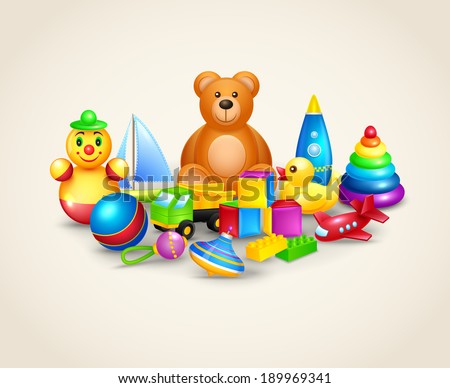 Decorative kids toys composition of ball yacht peg top teddy bear vector illustration