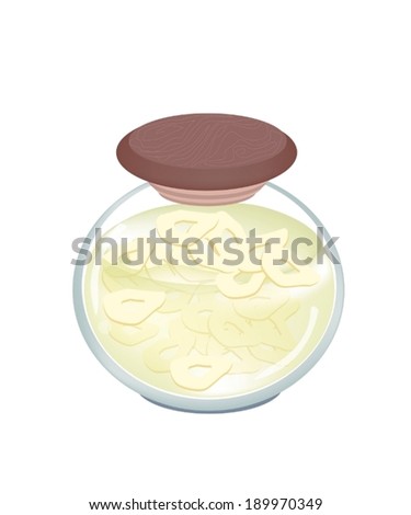 Vegetable, Sliced of Preserved Bamboo Shoots in Brine of Water and Salt in Glass Jar Isolated on White Background. 