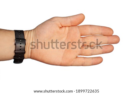 Hand gesture - a man's palm with a black watch strap, isolated on a white background. The male palm points to something that is empty for your design.