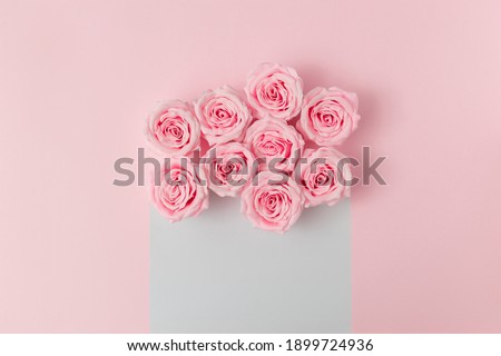 Flower arrangement of pastel pink roses with white copy space. Romantic layout.