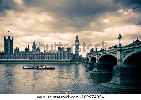 Tinted image of Westminster bridge, Big Ben and London Parlament