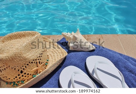 Poolside pool towel holiday scenic towel, cowboy hat, scallop shell, pool stock, photo, photograph, image, picture, 