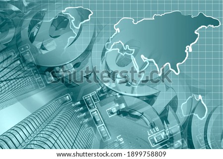 Abstract computer background with buildings, electronic device and map.