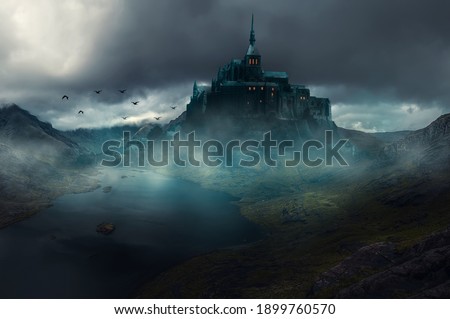 a castle with a fantasy view, cloudy and foggy               Royalty-Free Stock Photo #1899760570