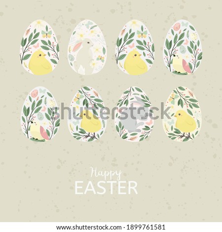 Easter egg with bird, bunny. Vector illustration.