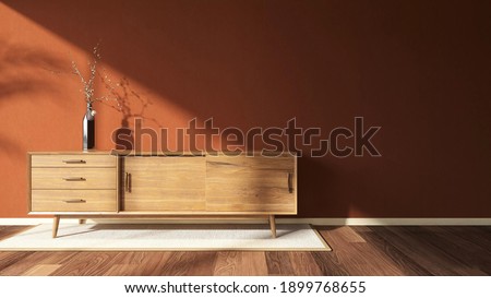 3d render image of a warm red brick wall in the living room which has a wooden media cabinet and morning sun light shine through the window. Nobody, Minimal design, Contemporary, Pantone, Background. Royalty-Free Stock Photo #1899768655