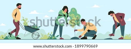 Young volunteers plant trees in city park in the spring. Group people work together to improve the environment. Flat vector illustration Royalty-Free Stock Photo #1899790669