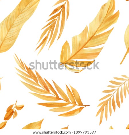 Seamless pattern with tropical leaf palm. Golden leaves, watercolor drawing