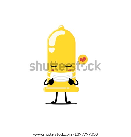 cute yellow condom character with mask and sad expression