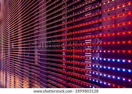 LED Outdoor Media Facade, digital signage screen. Exterior facade light, wall LED pixels light, architectural media lights