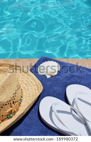 Poolside holiday scenic cowboy hat, shell, pool towel