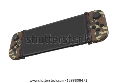 Realistic video game controllers attached to mobile phone isolated on white with clipping path. 3D rendering of camouflage colored gamepads for online gaming