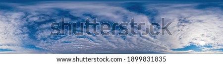 Sky panorama with Altocumulus clouds in seamless spherical equirectangular format. Complete zenith for use in 3D graphics, game and aerial drone 360 degree panorama sky replacement. Royalty-Free Stock Photo #1899831835