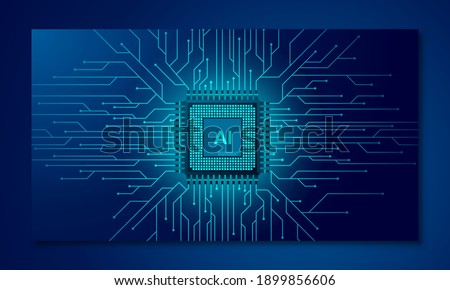 Artificial intelligence web banner. 3D isometric illustration of a processor chip. The process of data processing. Developments in modern technologies. Microcircuits on neon glowing background Royalty-Free Stock Photo #1899856606