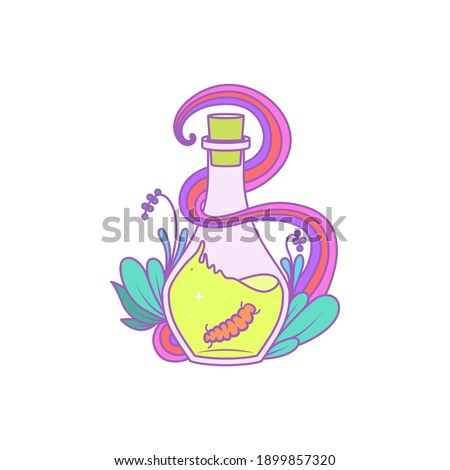A magical bottle with plants around and a caterpillar inside. Vector illustration