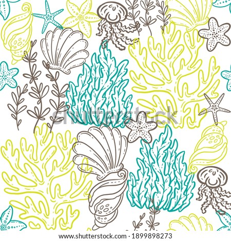 Underwater marine life - coralls, plant and shells. Seamless pattern with hand drawn outline illustrations