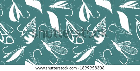 Flies for fly fishing. Seamless pattern with fishing hooks. Background with fishing tackle. Hand drawn vector stock illustration.