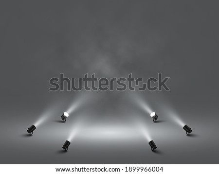 Spotlights with bright white light shining stage. Illuminated effect projector. Illustration of projector for studio. Vector illustration Royalty-Free Stock Photo #1899966004