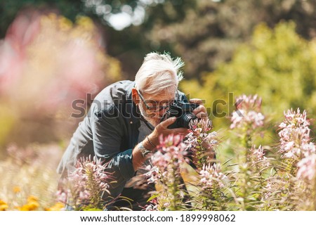 Grandpa takes pictures of flowers outside in sunny weather.