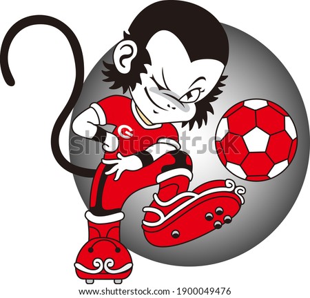 Vector image of a monkey playing football, wearing a red jersey and isolated on a gray background, suitable for doll model symbols, great for printing in all media,